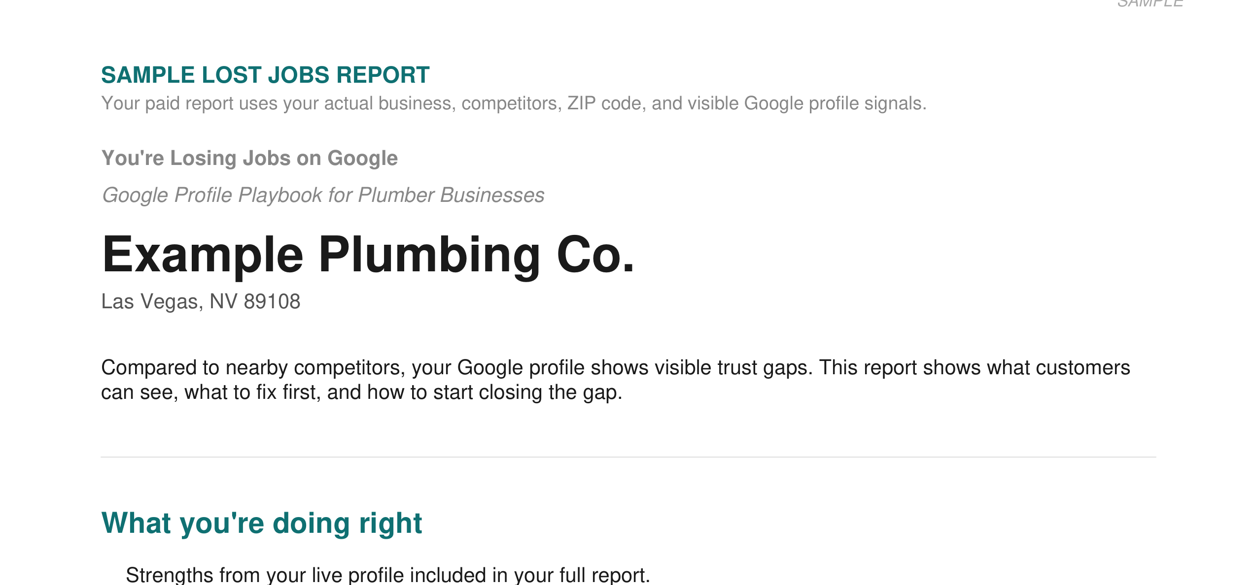 Sample Lost Jobs Report cover, top section